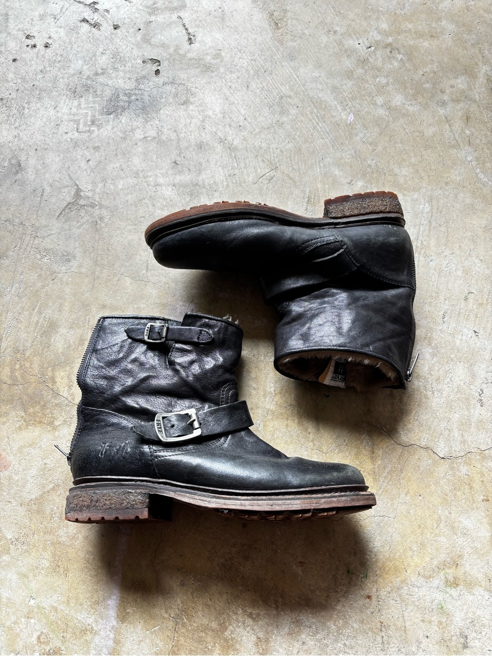 FRYE AND CO. Black Leather Harness Heeled Ankle Boots